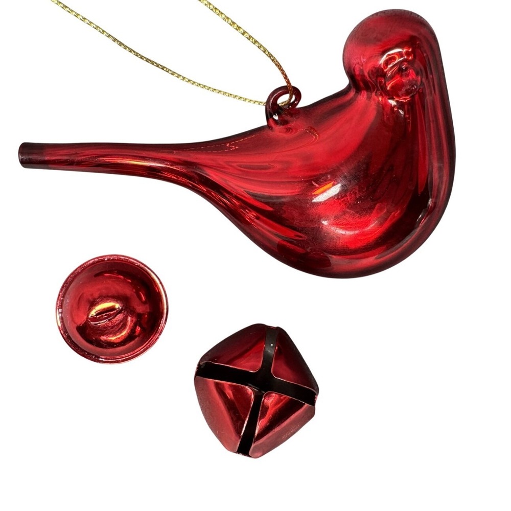 Red Glass Bird Water Whistle and Metal Jingle Bell Ornament Set